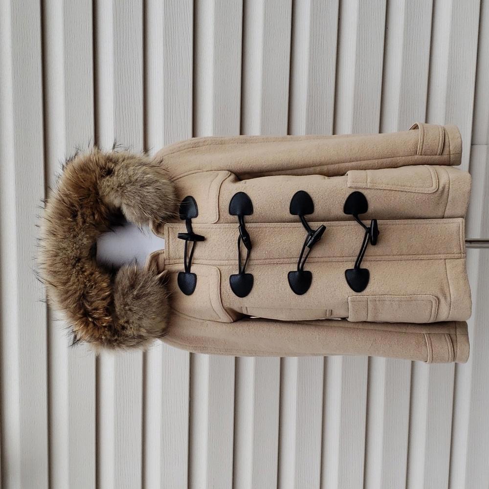 BURBERRY CHECK LINED WOOL TOGGLE DUFFLE COAT WITH FUR TRIMMED HOOD